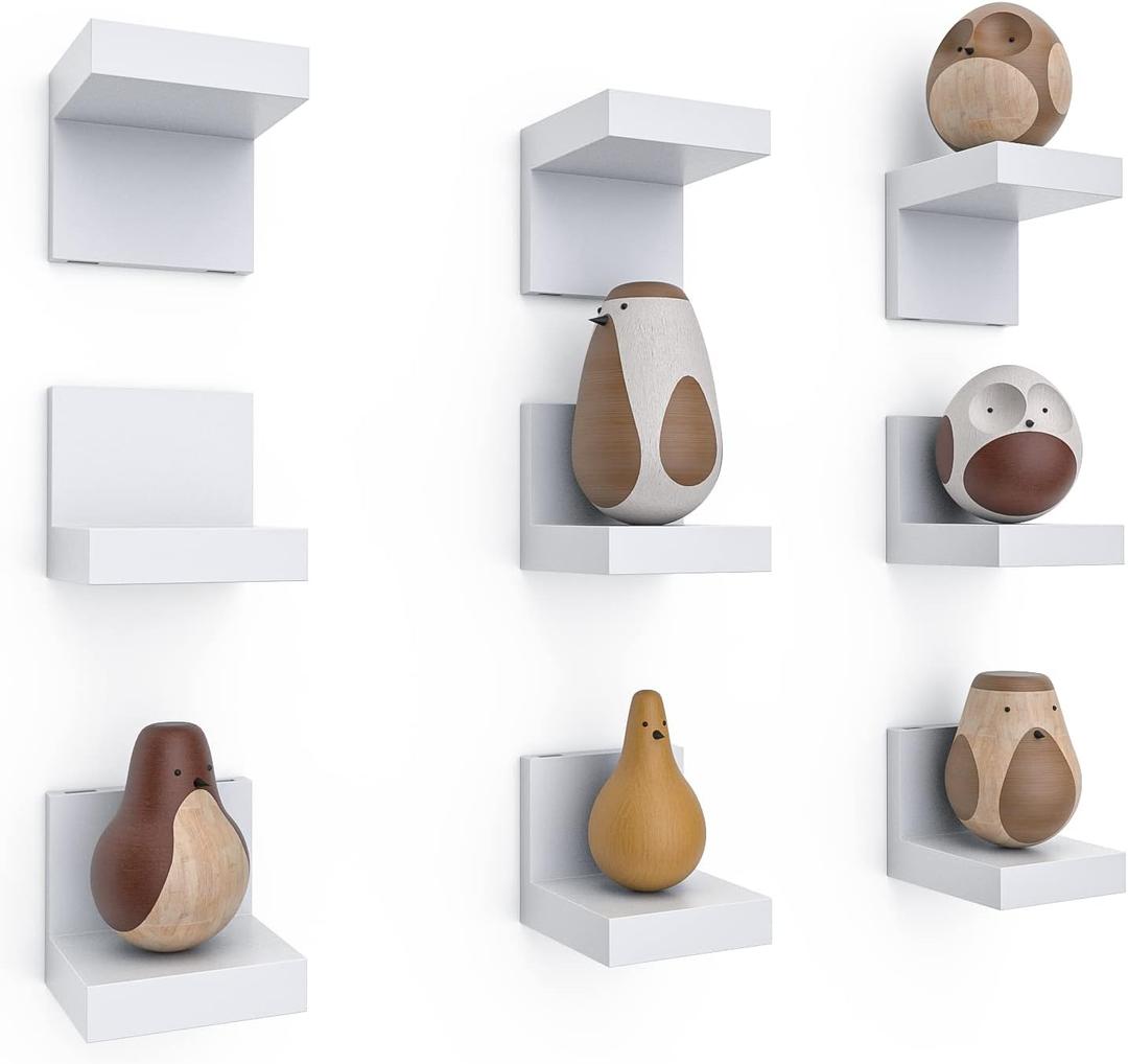 9-Pack Floating Shelves by RicherHouse, Plastic Display Ledges for Tiny Decor, Small Wall Shelf with 2 Types of Installation - White 4 inch D x 3.3 inch W x 3 inch H