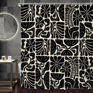 Miyotaa Black Beige Matisse Flower Shower Curtain Set 60Wx71H Inches Retro Vintage Abstract Aesthetic Trendy Funky Groovy Botanical Patchwork Polyester Bathroom Curtain with 12 Hooks
