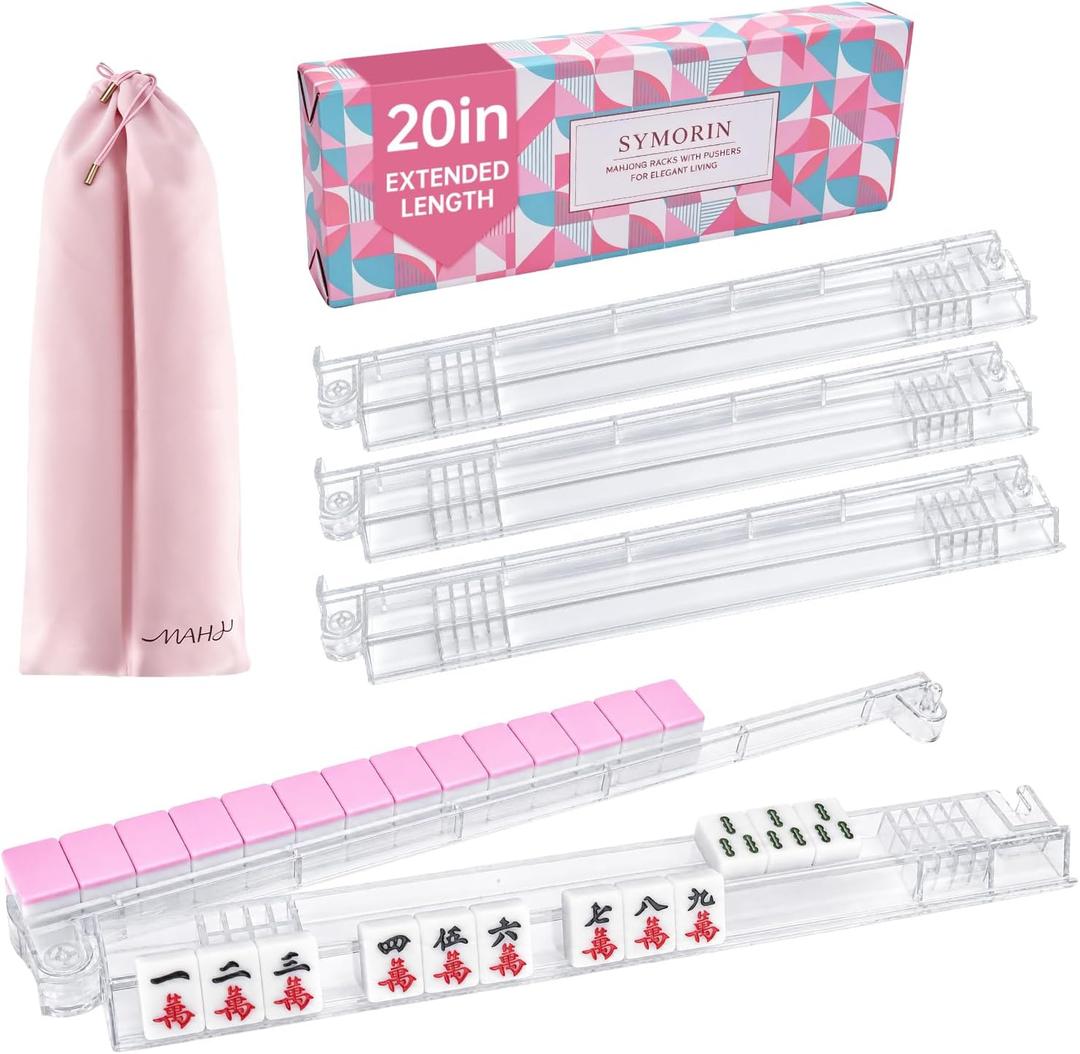 20 Inch Clear Mahjong Racks with Pushers,Non-Slip,with Velvet Storage Bag, Extended