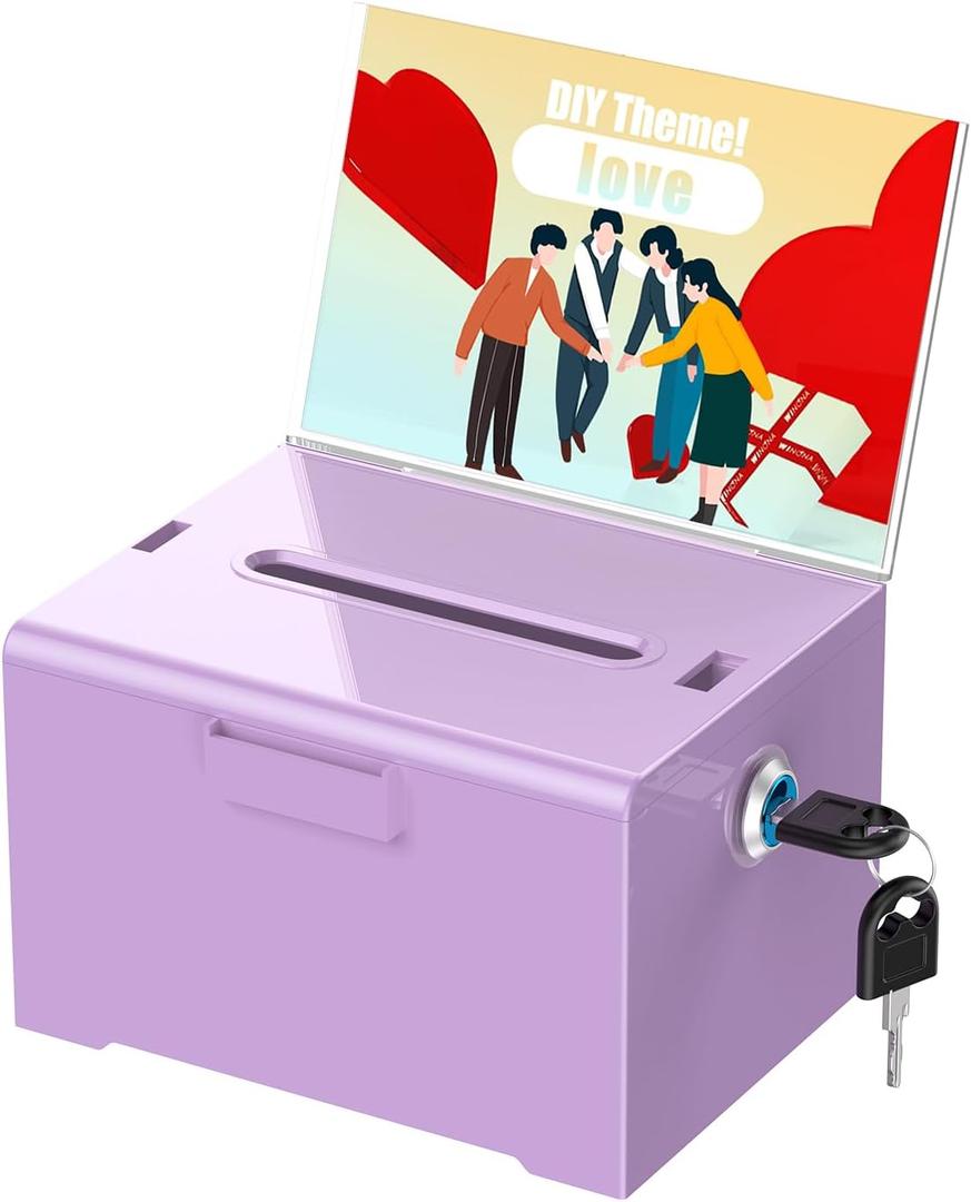 Uniclife Acrylic Donation Box with Lock and Sign Holder Purple Ballot Box with Slot Plastic Suggestion Boxes Tip Jar Cash Storage Container Drop Chest for Fundraising Voting Raffle, 6.2" x 5" x 4" (1 Pack)