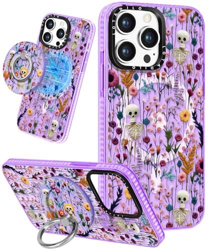 Lotadilo Cute Case for iPhone for Women Girls - Funny Skull Flower Design Compatible with Magsafe Magnetic Ring Holder Kickstand Fashion TPU Phone Covers for iPhone  Phone Case