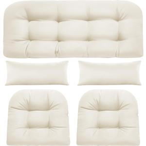 Wicker Chair Cushions of 5 Pieces, Waterproof Outdoor Loveseat Cushion for Wicker Furniture, 1 Love Seat Cushion, 2 U-Shape and 2 Lumbar Pillows for Patio Furniture (Cream)