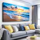 WLWBINTING Large Beach Wall Art, Golden Ocean Waves Seascape Sunset Pictures, Canvas Print for Living Room Bedroom Office Wall Decor, Coastal Landscape Paintings Artwork, Farmhouse Home Decoration, 58"L x 29"W