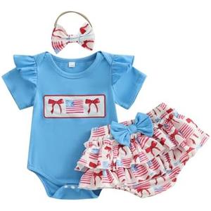 AHUGHAUE Newborn 4th of July Outfit Baby Girl American Flag Bow Print Short Sleeve Romper Tutu Skirt with Headband Summer Set, 6-12 M
