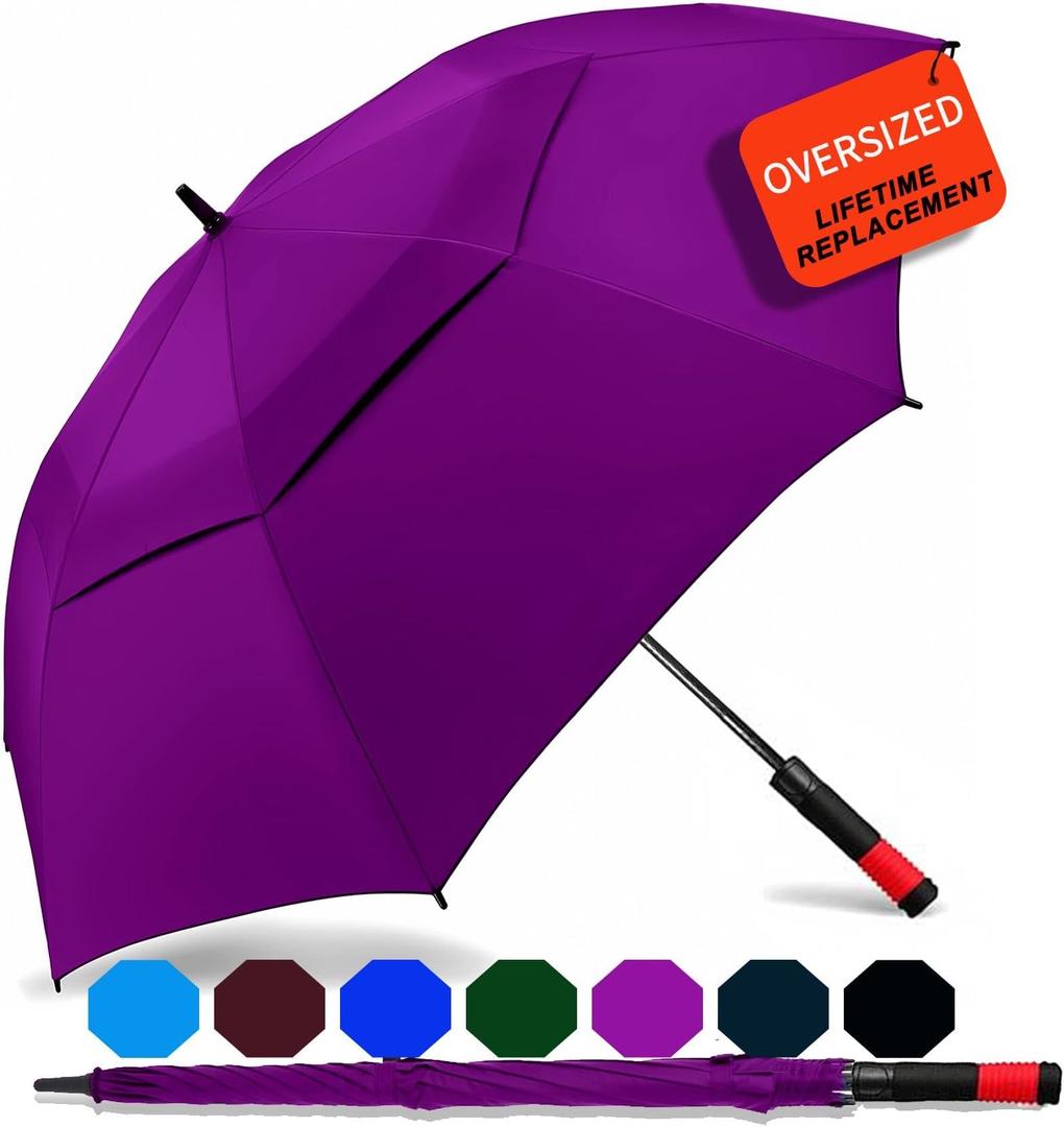 SIEPASA 62 Inch Large Golf Umbrella Windproof Waterproof Auto Open | Oversized Double Canopy Vented, 210T Waterproof Pongee Fabric, Light Fiberglass Frame, Unique Red Foam Handle