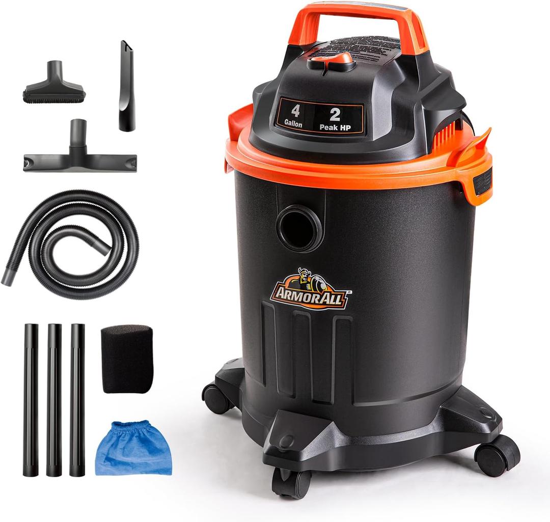 Armor All VO405P 0901 4 Gallon Wet/Dry Vac 2.0 Peak HP Shop Vacuum with Nozzles & Brush,Black/Orange