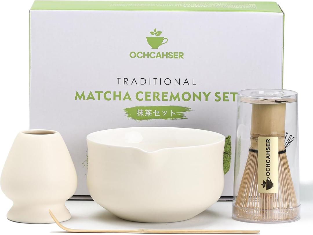 Ochcahser Matcha Set, Japanese Tea Set Includes Matcha Bowl with Spout, Matcha Whisk Holder (chasen), Bamboo Matcha Whisk and Bamboo Scoop, Ceramic Matcha Kit for Tea Lovers (4 PCS, Beige)