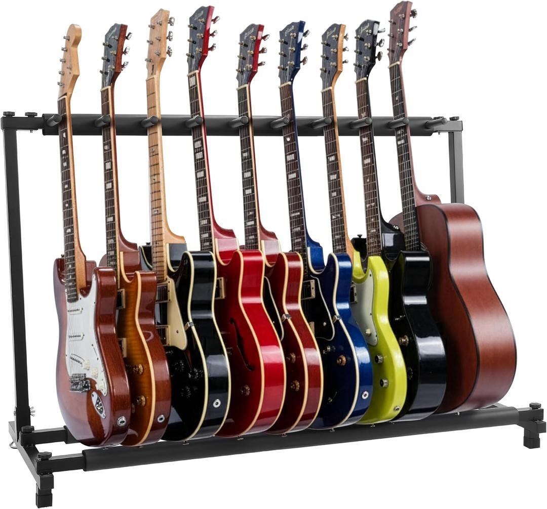 9-Space Foldable Universal Multi Guitar Stand - Portable Collapsible Instrument Floor Guitar Rack Holder w/ Foam Padding - For Acoustic, Electric, Bass Guitar & Guitar Bag / Case - Pyle PGST93