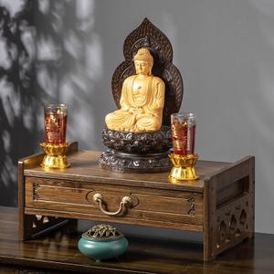Altar Table with Storage, Small Meditation Table, Natural Bamboo Puja Table with Drawer, Alter Cabinet for Witch Wiccan Buddhist Shrine Prayer Stand Riser Home Decor (Brown-42cm/16.5'')