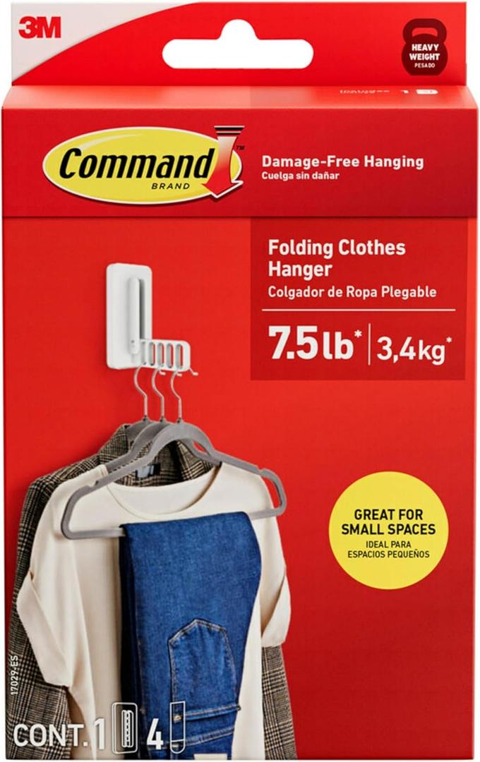 Command Folding Clothes Hanger, Holds up to 5 Hangers 7.5 lb, 1.5lbs per Rung, 1 Hook with 5 Rungs, 4 Strips, Closet Organizer, Home Organization (Large) Command Folding Clothes Hanger, Holds up to 5 Hangers 7.5 lb, 1.5lbs per Rung, 1 Hook with 5 Rungs, 4 Strips, Closet Organizer, Home Organization (Large)