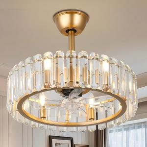FRIXCHUR Modern Crystal Fandelier Ceiling Fan with Lights Gold Chandelier Fan for Dining Room Bedroom, 20.7 Inch, 6-Speed