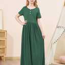 GORLYA Girls Casual Button Knit Modest Cute Flowy Long Maxi Dress with Pockets for 6-14Y Church School Daily Wear (GOR1257,14Y,Green)