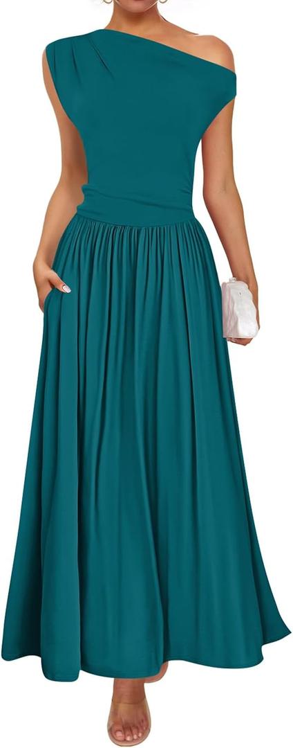 ZESICA Women's Summer 2026 Sleeveless Maxi Dress One Shoulder Casual Slim Swing Pleated Formal Dresses with Pockets (Blue, L)