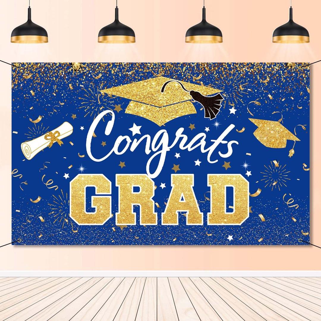 Graduation Party Decorations - Blue Gold Congrats Grad Class of 2025 Backdrop Banner Large Sign Wall Decorations Photography Background Party Supplies for 2025 Graduation Party Decorations
