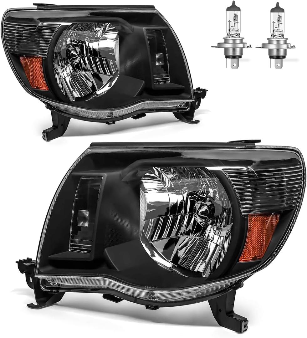 Headlights W/Bulbs for 2005 2006 2007 2008 2009 2010 2011 Toyota Tacoma Halogen Headlamp Replacement Driver & Passenger Side