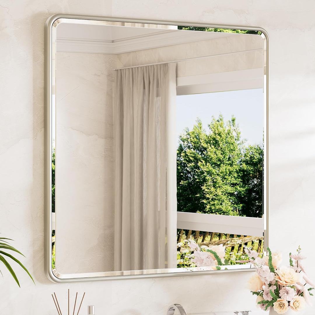 Brushed Nickel Vanity Mirror for Bathroom 36 x 36 Beveled Edge Tempered Glass, Rounded Corner Rectangle Wall Mirror for Modern Bathroom, Living Room, Bedroom, Entryway