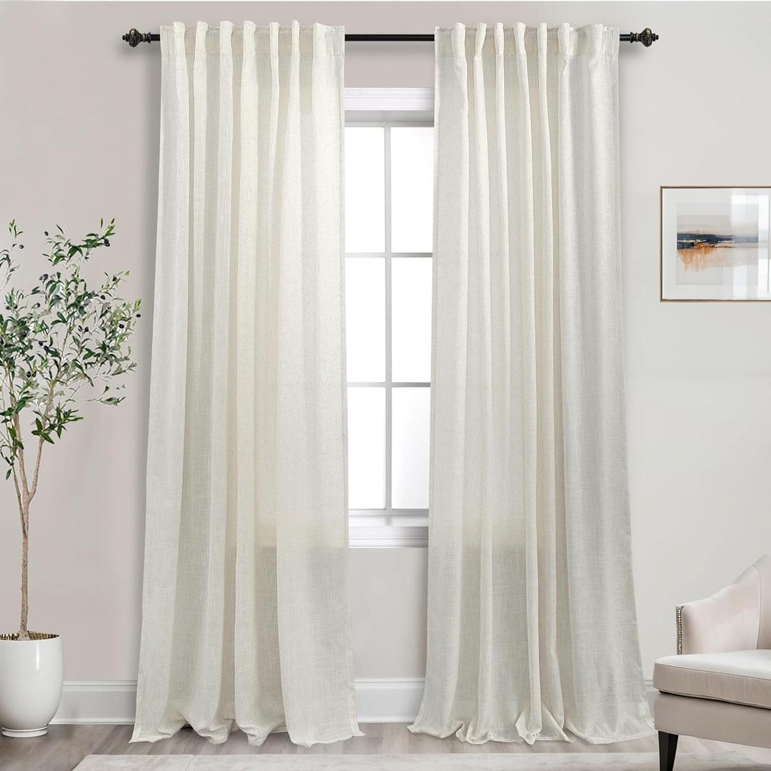 Mrs.Naturall Cream Back Tab Linen Blend Sheer Curtains for Living Room 52 by 92
