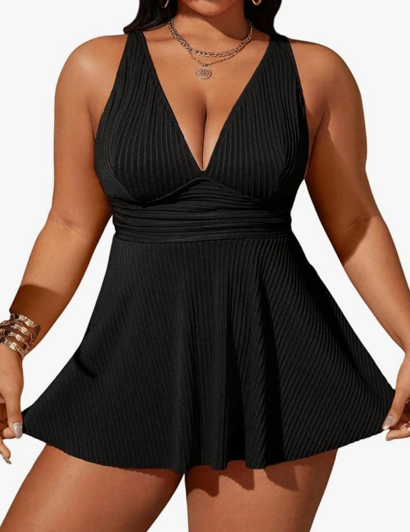 OYOANGLE Women's Plus Size Tankini Swimsuit 2 Piece Striped Textured V Neck Swim Dress Modest Bathing Suit, 2XL OYOANGLE Women's Plus Size Tankini Swimsuit 2 Piece Striped Textured V Neck Swim Dress Modest Bathing Suit, 2XL