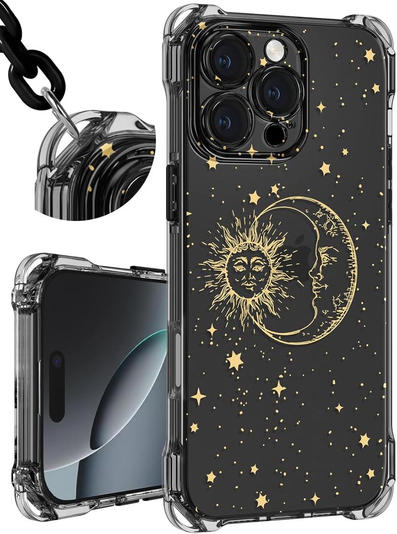 Toycamp for iPhone 16 Pro Max Case with Strap for Women - Cute Funny Girls Girly Fashion Sun Moon Design Case with Wrist Lanyards Four Corners Flexible Hang Style