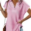 SHEWIN Womens Tops Trendy V Neck Summer Tshirt Loose Fit Collared Short Sleeve Tunic Top Spring Shirts for Women Trendy 2025, Pink (M)