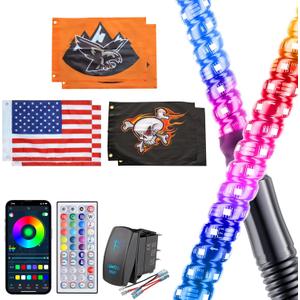 2 Pack 5FT Music Whip Lights - 366+ Chasing Modes RGB Lighted Whips with APP & Remote Control, Rocker Switch, Nylon Flags & Spring Base for UTV ATV Polaris RZR Can-Am SXS Truck