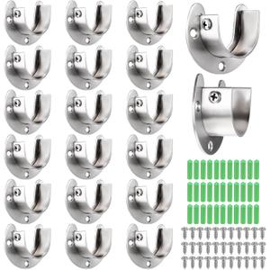 20 Pack Closet Pole Sockets Stainless Steel 1-1/4 Inch Metal Closet Rod Holder Heavy Duty U Shaped Closets Rod Bracket Curtain Rods Holders Closets Rods Support End Caps with Screws, Silver