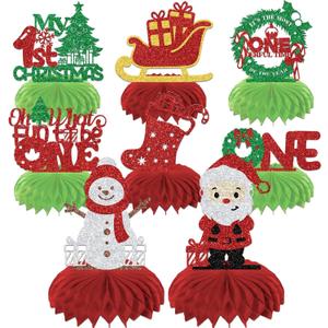 LANKBACK 8Pcs Christmas 1st Birthday Honeycomb Centerpieces for Oh What Fun It Is to Be One Christmas 1st Birthday Party Decorations Green Red Sliver