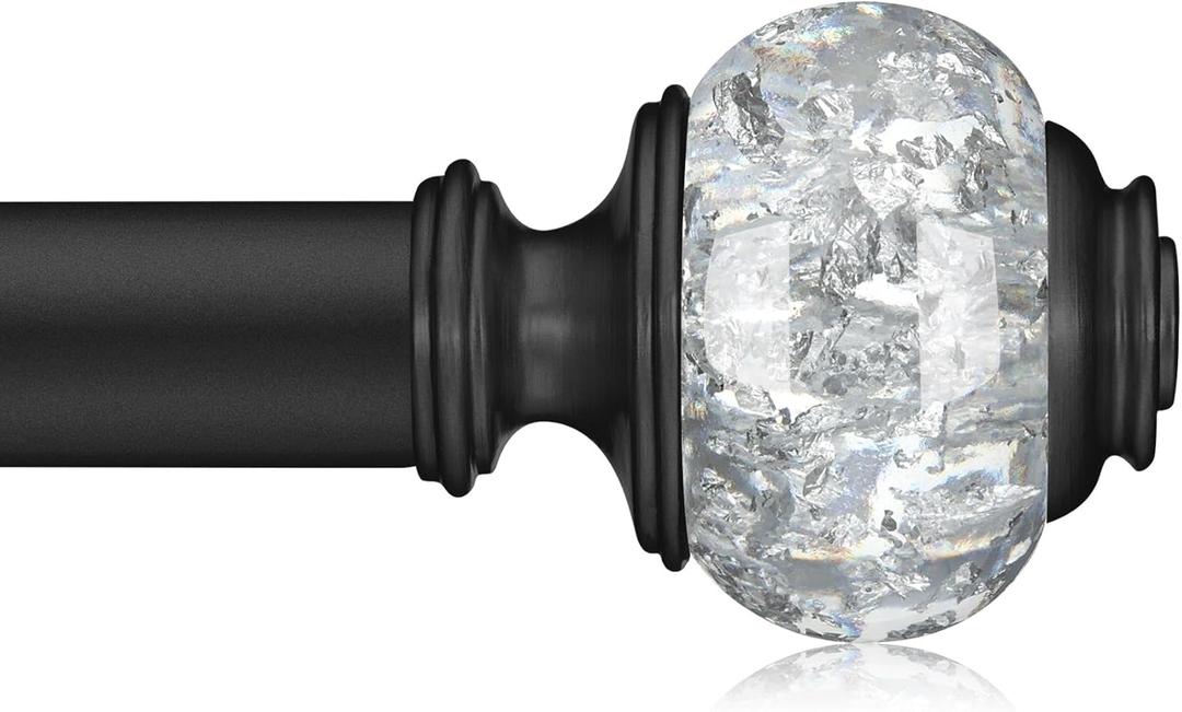 Black Curtain Rods for Windows 48-84 Inch, 6/8 Inch Adjustable Telescoping Drapery Rod with with Translucent Gold Foil Finials, Decorative Single Curtain Rod Set for Bedroom Living Room