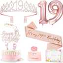 19th Birthday Decorations for Girl, 19th Birthday Sash and Crown, Cake Topper, Number Candles and Balloons, 19 Year Old Gifts for Girls