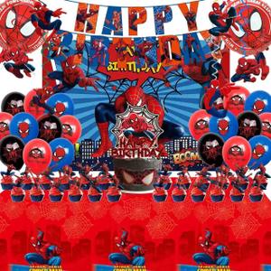 51PCS spidey birthday party supplies, backdrop, "Happy Birthday" banner,tablecloth, large aluminum balloon, small aluminum balloons, latex balloons, cake topper,cupcake toppers, hanging swirls