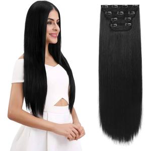 REECHO Multi-Length  Long Straight 4 PCS Set Thick Clip in on Hair Extensions Natural Black 24x11