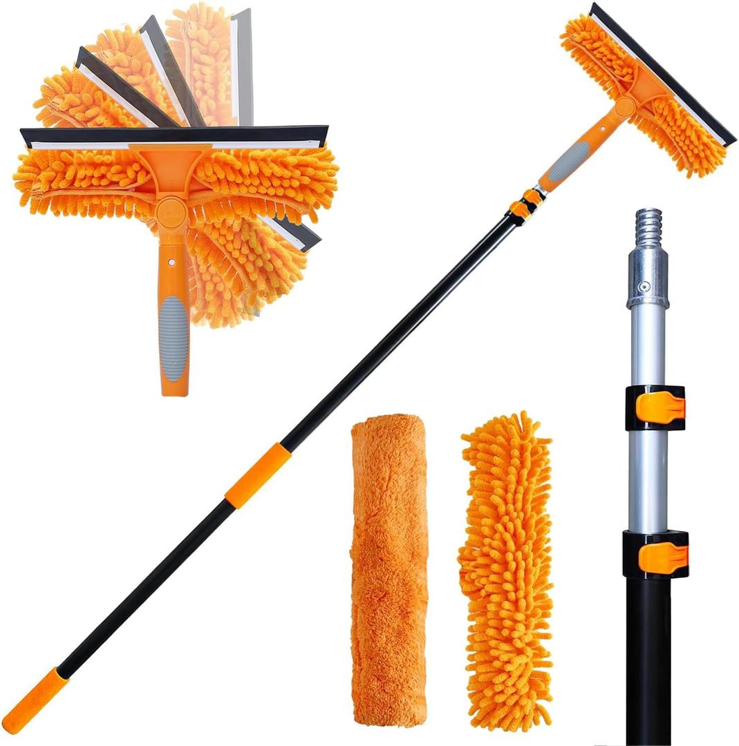 20 Ft+ Reach 2 in 1 Window Squeegee Duster with 5-to-12 Foot Extension Pole, Cleaner Tool with 3-Stage Telescoping Pole, Cleaning Kit with Rotatable Head - Chenille Cloth + Microfibre Cloths Head