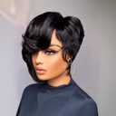 Short Pixie Cut Wig Human Hair Glueless Wigs for Black Women Side Part Natural Black Color Pixie Cut Straight Human Hair Wig with Bangs Short Layered Pixie Wigs Full Machine Made Wigs