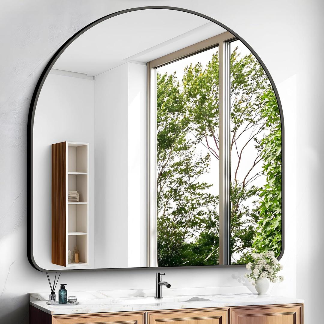 Arched Bathroom Mirror, 45"x45" Black Arched Mirror for Bathroom, Wall Mounted Mirror, Black Vanity Wall Mirror Metal Frame for Bedroom, Entryway, Living Room, Hanging or Leaning Against Wall