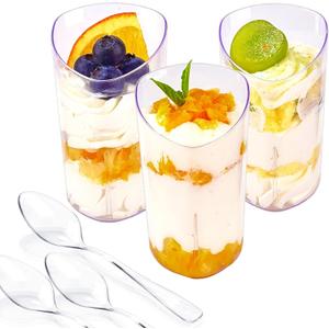 50 Pack Mini Dessert Cups with Spoons, 3 oz Clear Plastic Parfait Appetizer Cups, Small Reusable Shooter Serving bowls for Tasting, Slanted Triangle Dessert Shot Glasses