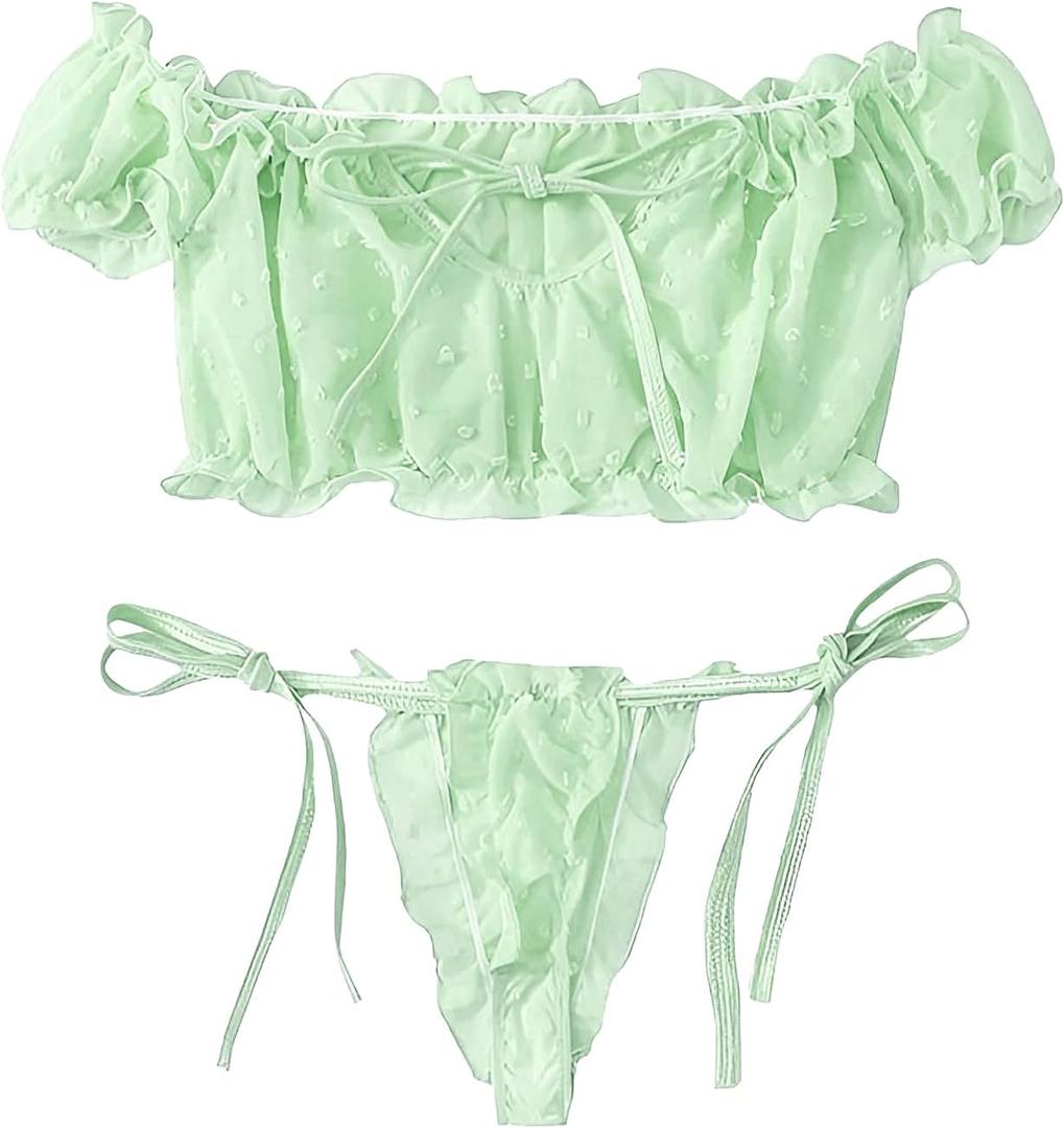 Lilosy Sexy Stretch Ruffle Tie Sheer Mesh Lingerie Set Outfits Large