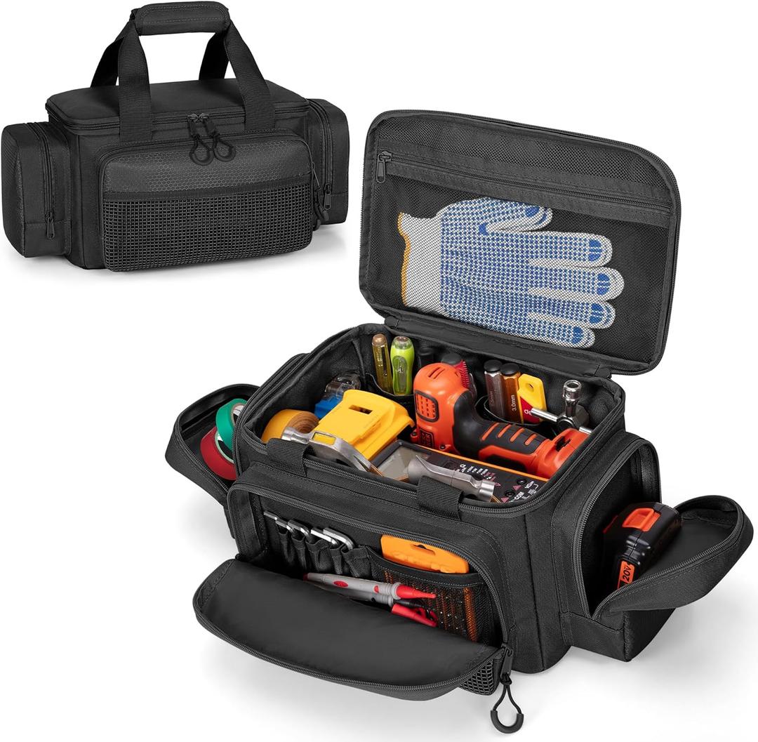 Small Tool Bag with Anti-friction Bottom, Tactical 12" Tool Tote for Men, Hand Tool Storage Organizer for Electrician, Repairman and Carpenters, Black