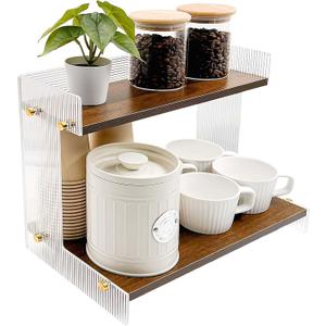 SNAIL GARDEN Acrylic & Wood Coffee Station Organizer with Raised Edges, 2-Tier Coffee Bar Organizer with Sturdy Flat Base, Premium Walnut Finish for Kitchen Countertop Storage