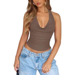 PINKMSTYLE Womens Sexy Halter Cowl Neck Backless Crop Tops Double Layer Ruched Going Out Summer Tank Top (Large, Brown)