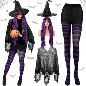 Liitrsh 4 Pcs Women Halloween Witch Cosplay Costume Accessory Black Enchanted Web Poncho Witch Hat Purple Wig Striped Tights