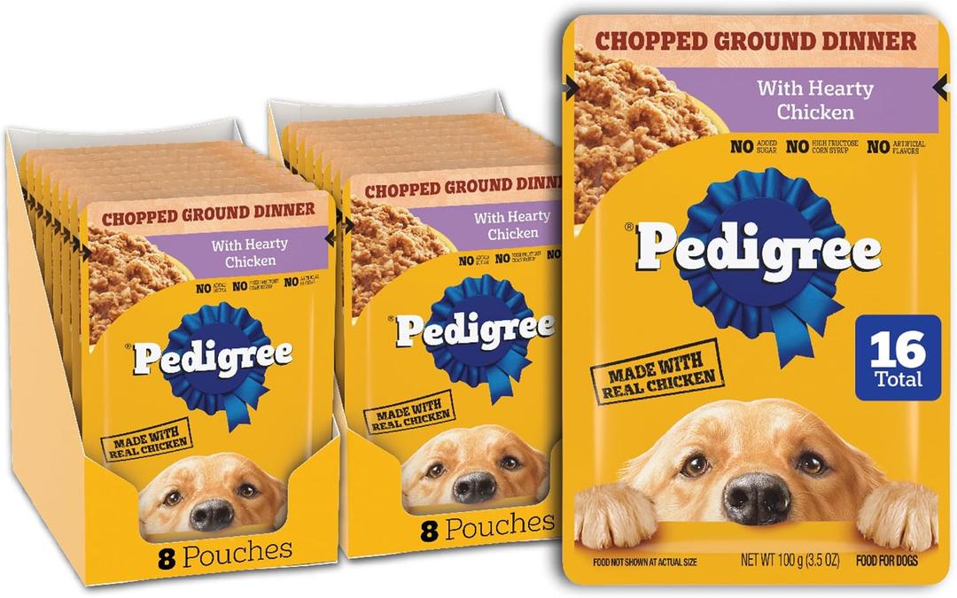 Pedigree Chopped Ground Dinner Wet Dog Food Pouches with Hearty Chicken, 3.5 oz Pouches, 16 Count (EXP 10/01/27)