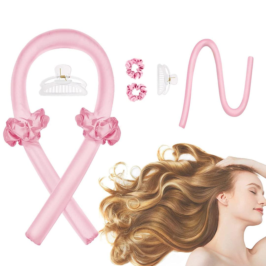 CORATED Heatless Curling Rod Headband, No Heat Silk Ribbon Rollers for Overnight Sleeping Curls, Styling Kit with Hair Clips and Scrunchie (Pink)