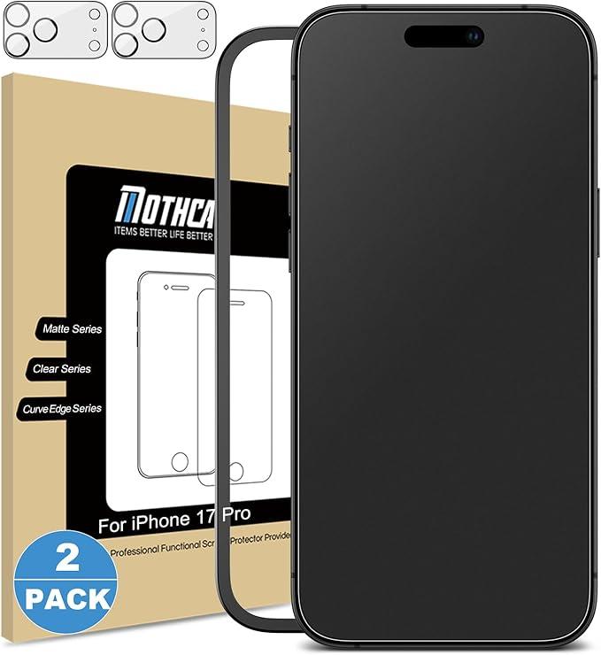 Mothca 2 Pack Matte Glass Screen Protector for iPhone 17 Pro [6.3 inch] + 2 Pack Camera Lens Protector, AntiGlare & AntiFingerprint Tempered Glass (Not Privacy Film) Bubble Free, Smooth as Silk