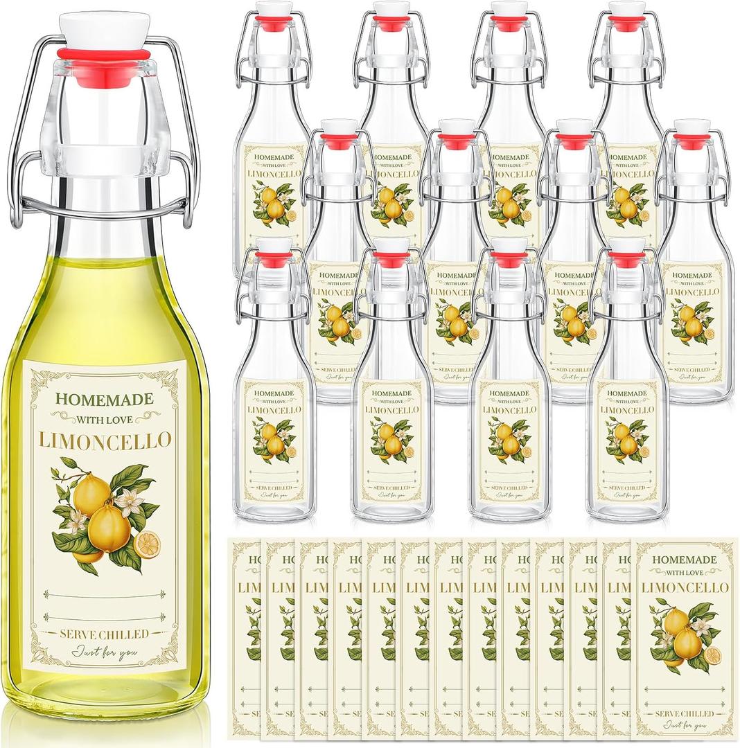 Havawish 12 Sets Limoncello Swing Top Glass Bottles for Homemade 8 oz Flip Clear Top Lemoncello Bottles with Labels Stoppers for Home Brewing Gifts Wedding Housewarming Party Favors(Round)