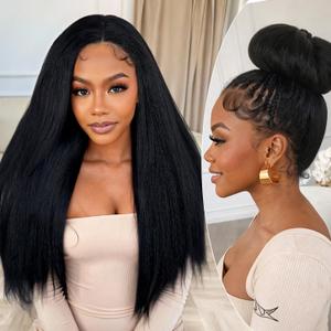 FANCEE Kinky Straight 360 Lace Frontal Yaki Wigs for Black Women Black Yaki Straight Synthetic Lace Front Wig with Pre Plucked Baby 180% Density Light Yaki Texture 26 Inch Blow Out Style Natural Hair