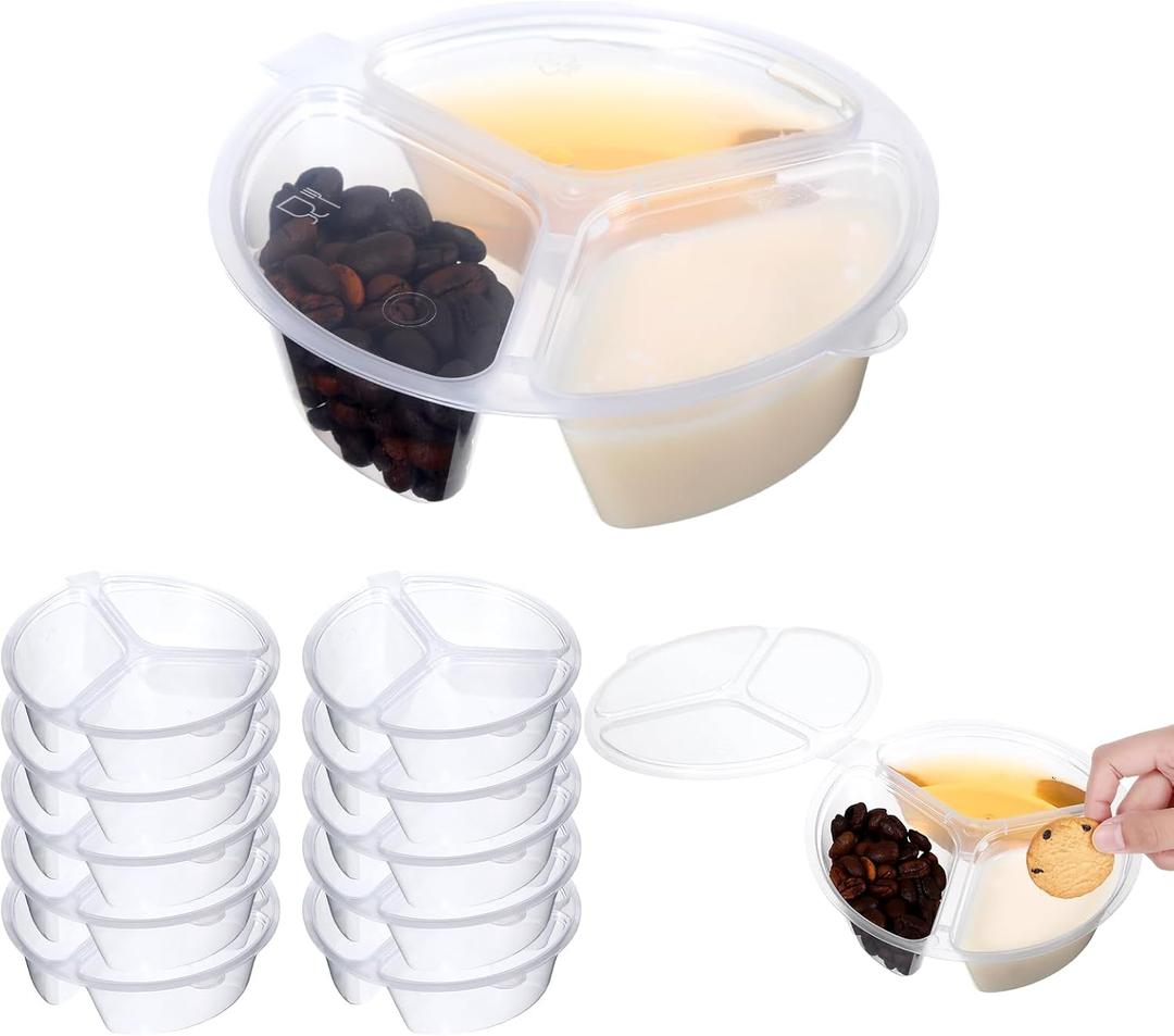 10 Pcs 3 Compartment Snack Container, Reusable Snack Containers With Lids, Transparently Portable Three-Compartment Dipping Sauce Box For Dips, Condiment, Fruits