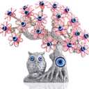 YU FENG 7.4'' Turkish Blue Evil Eye Tree Feng Shui Owl Decorative Showpiece for Protection, Good Luck & Prosperity (Pink Flowers) - Christmas Decor