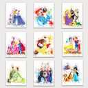 Derman Princess Wall Art Decor - Watercolor Prints Set of 9 - 8 x 10 Inch - Princess Bedroom Decor, Wall Decor For Girls - Unframed