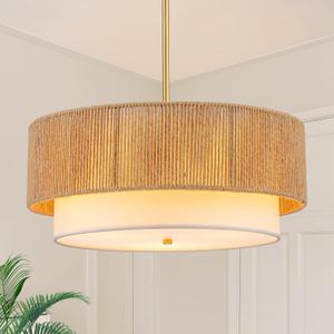 SineRise 18'' Farmhouse Rattan Chandeliers for Dining Room,3-Light Boho Light Fixtures Rattan Pendant Light Fixture with Fabric Shade Drum Chandeliers for Bedroom Dining Room Foyer Kitchen Hallway
