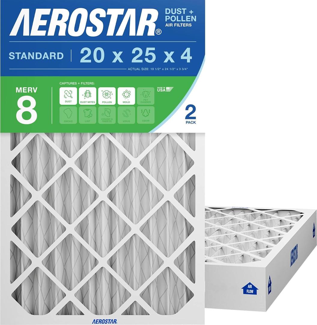 Aerostar 20x25x4 MERV 8 Air Filter, 2 Count, ACTUAL SIZE (19.50 x 24.50 x 3.75) HVAC, Furnace Filter for Allergies, Dust, Pet Dander & Smoke (MPR 1500 / FPR 10) Fits Lennox & Honeywell Devices